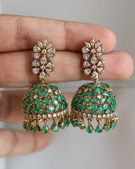 E1189 - Premium Green Floral AD Ball Jhumka