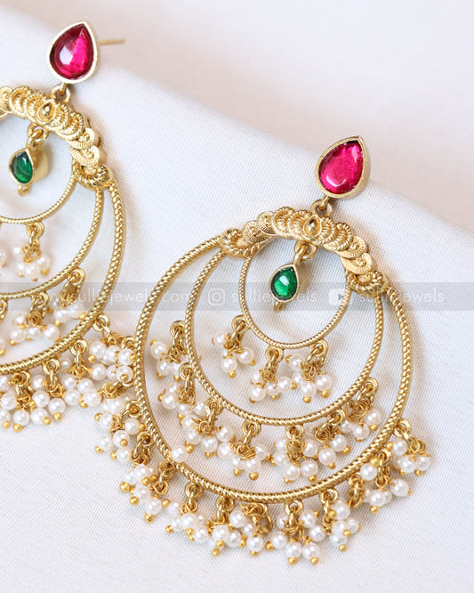 E1194 - Ruby Green Chandbali Earring with Pearl Drops