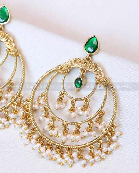 E1193 - Green Chandbali Earring with Pearl Drops