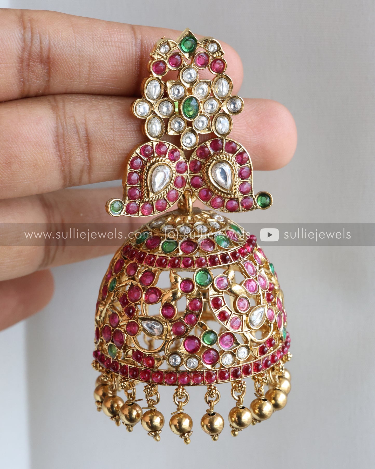 Ruby & White Kemp Mango Long Chain/ Maaga Haaram with Jhumka