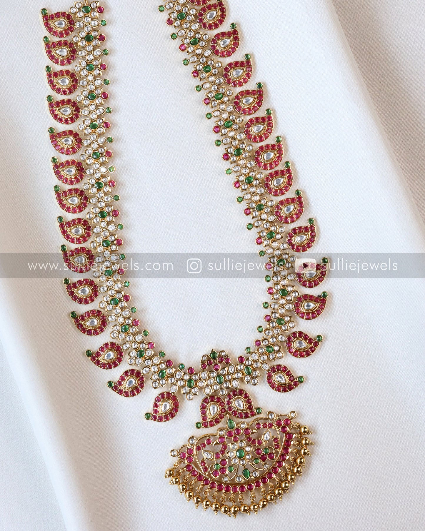 Ruby & White Kemp Mango Long Chain/ Maaga Haaram with Jhumka