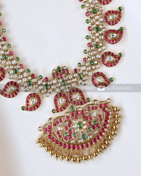 Ruby & White Kemp Mango Long Chain/ Maaga Haaram with Jhumka