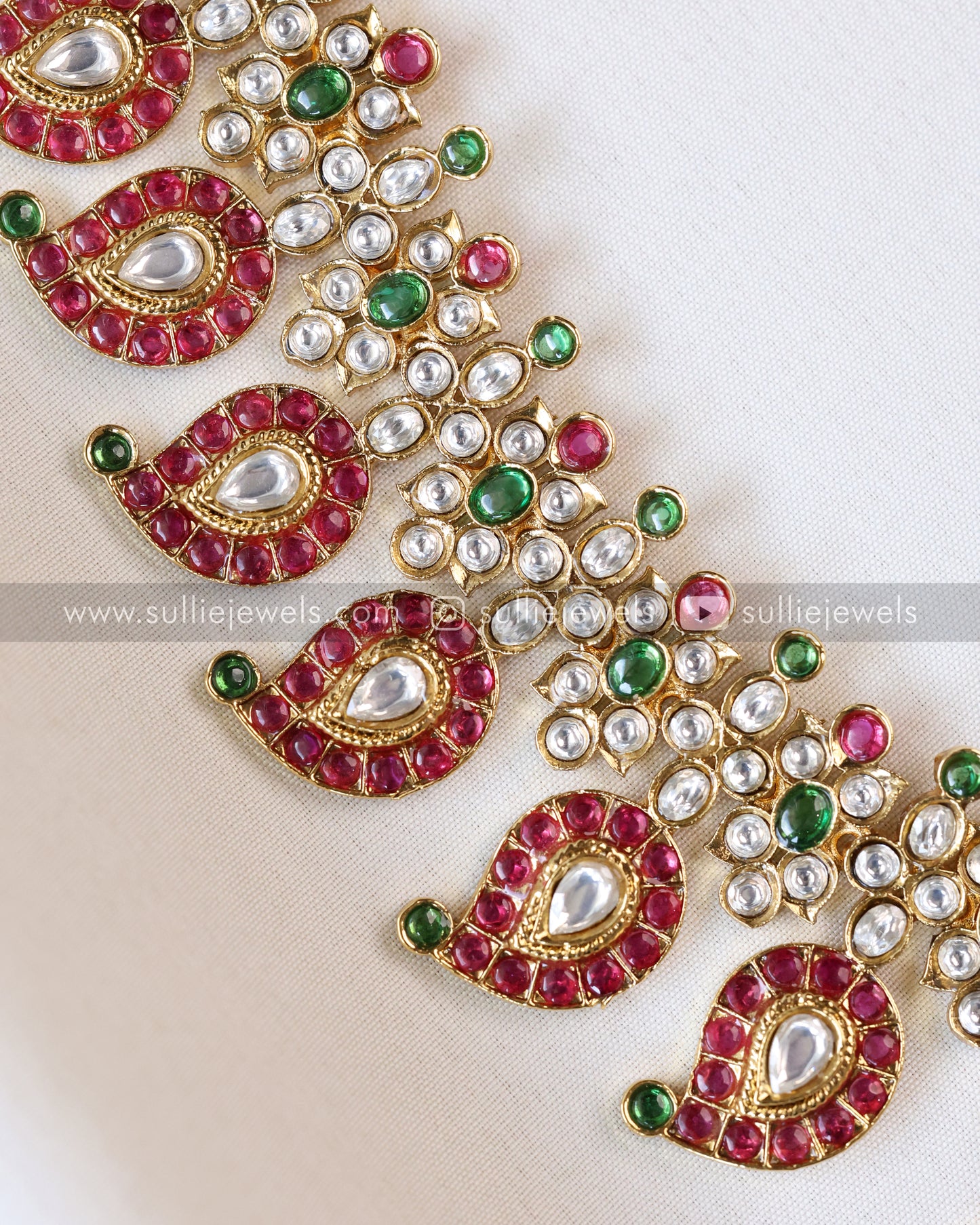 Ruby & White Kemp Mango Long Chain/ Maaga Haaram with Jhumka