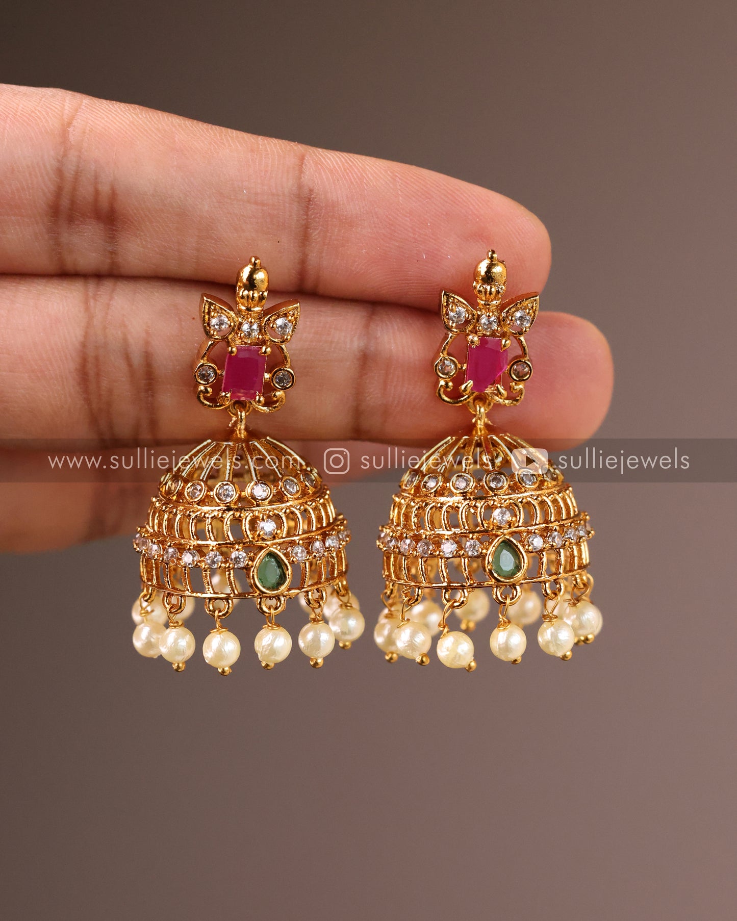 Stone Jhumka with Pearl drops