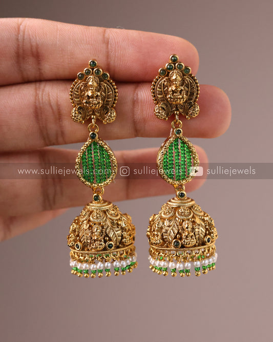 Lakshmi Beads Jhumka with 3 Layer Gold Earchain / Maatti