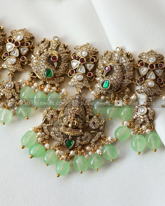 265 - Victorian Venkateshwara Mint Beads Diamond Choker with Earrings