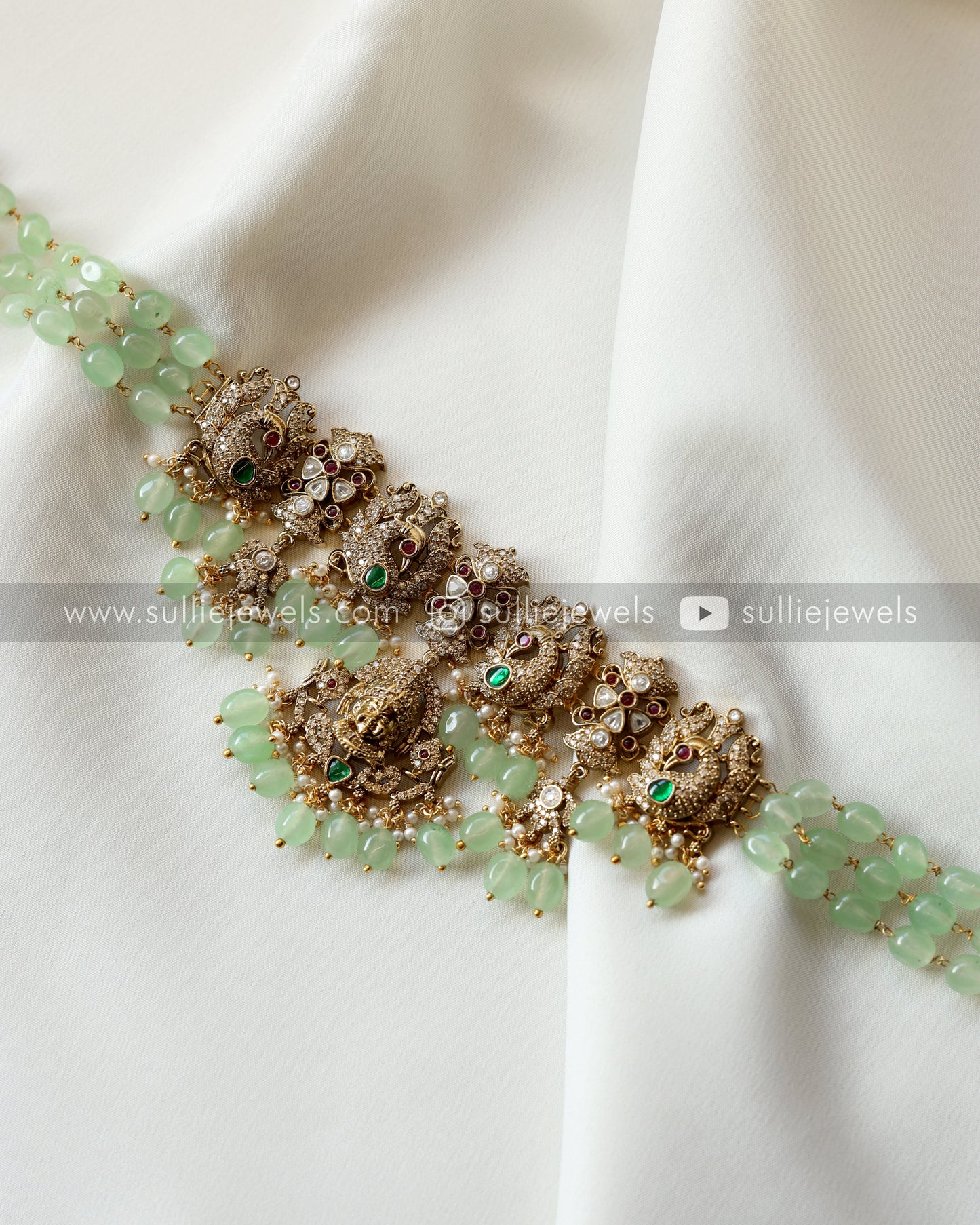 Victorian Venkateshwara Mint Beads Choker with Earrings