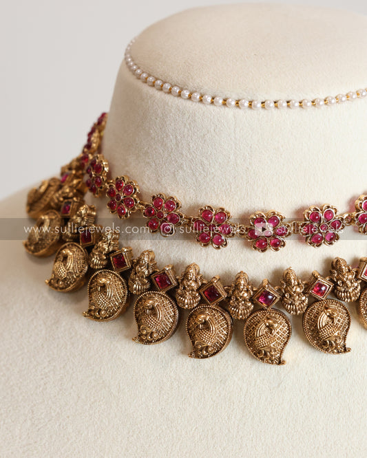 Ruby Stone Flower & Mango Layered Combo with Earrings