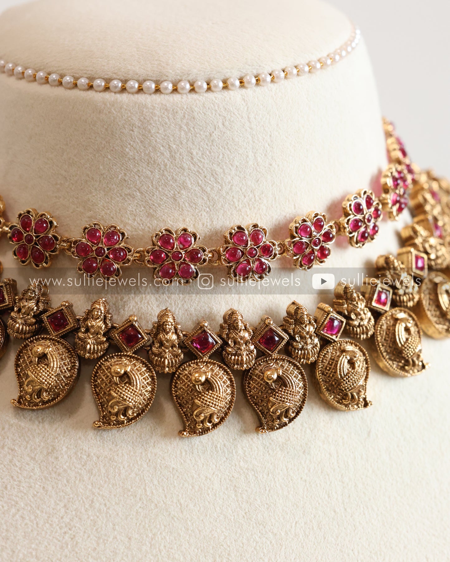 Ruby Stone Flower & Mango Layered Combo with Earrings