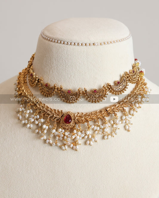 Ruby Chandra & Pearl Necklace with Earrings