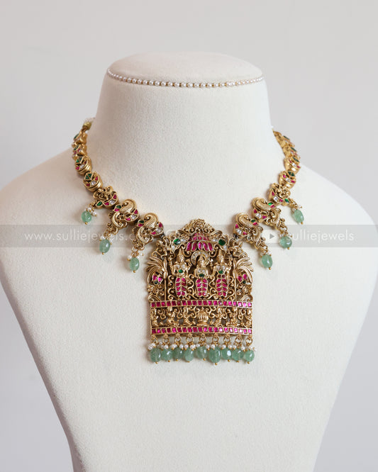 3656 - Premium Jadau Kemp Ram Parivar Necklace with Earring - Mint Beads