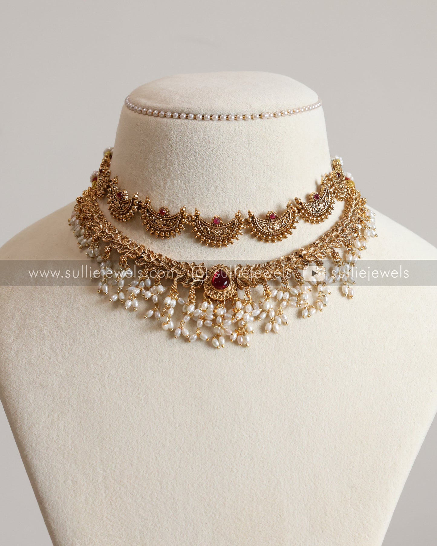 Ruby Chandra & Pearl Necklace with Earrings