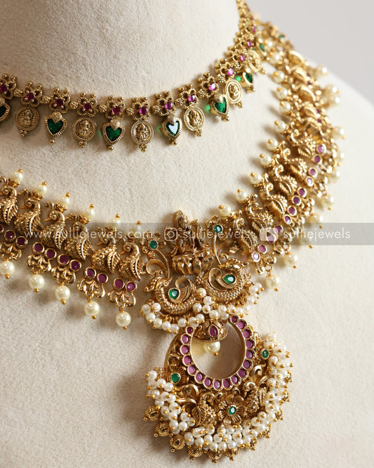 Palakka Coin & Pearl Lakshmi Layered Combo with Earrings