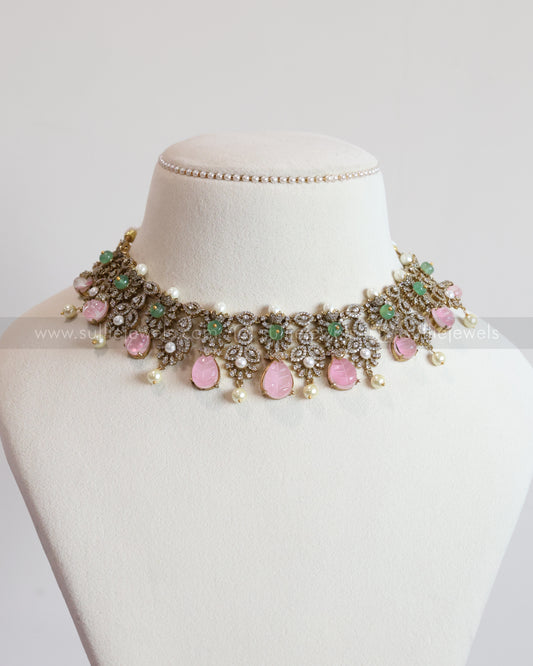 3663 - Pastel Pink Premium Carved Stone Necklace with Stud