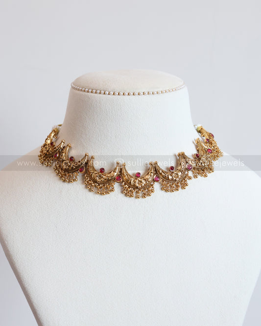 3795 - Sullie Basic - Ruby Antique Gold Ardha Chandra Necklace with Stud