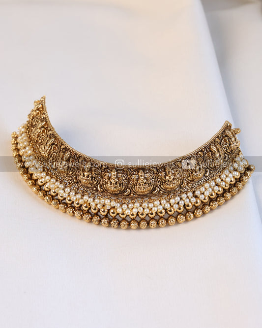 Antique Lakshmi Gold & Pearl Choker with Jhumka