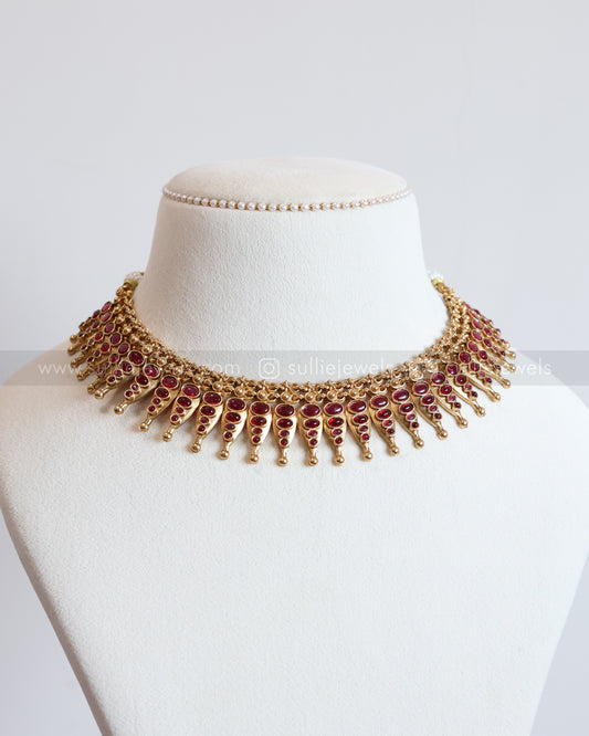 3739 - Ruby Stone Golden Spike Necklace with Stud