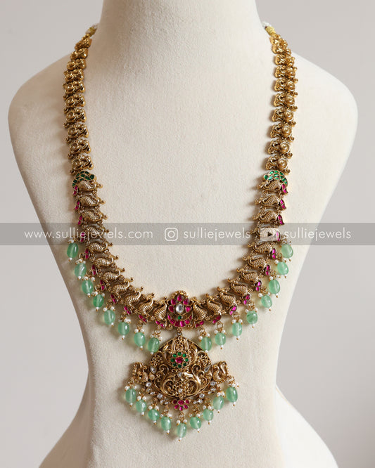 Peacock Lightweight Matte finish Necklace with Jhumka - Mint beads