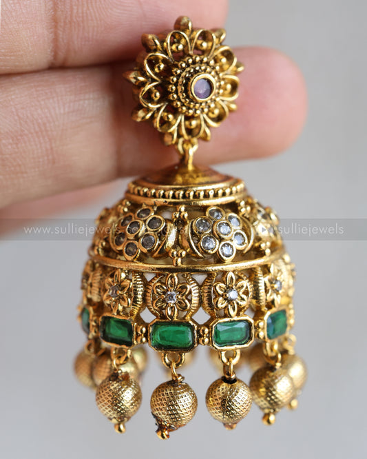 E1224 - Floral Green Gold Premium Jhumka