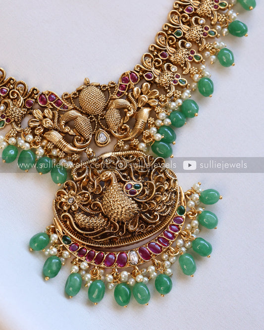 No Idol Premium Peacock Antique Necklace with Jhumka - Mint Beads