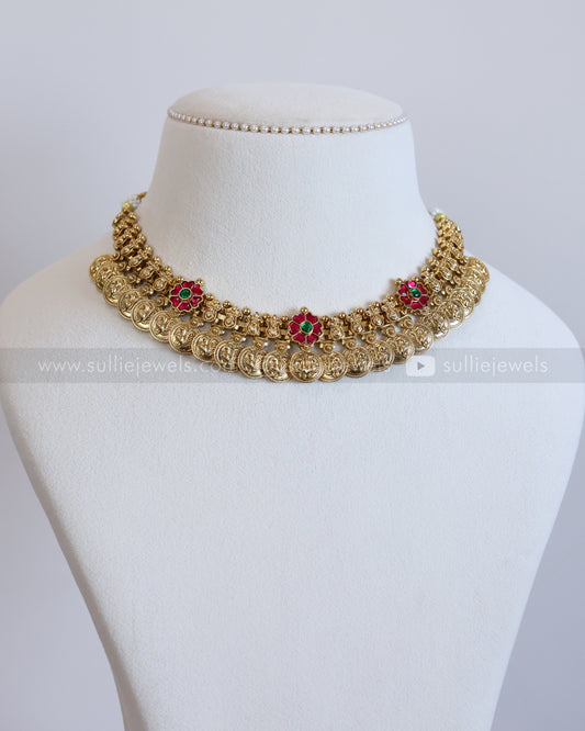 3888 - Premium Ruby Flower No Idol Coin Necklace with Jhumka