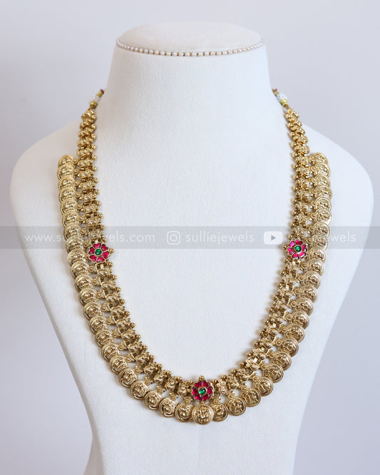 7203 - Premium Ruby Flower No Idol Coin Haaram with Jhumka