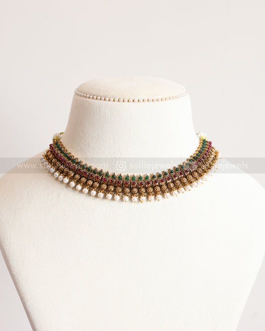 3800 - Sullie Basic - Antique Gold Multi Stone Pearl Necklace with Stud