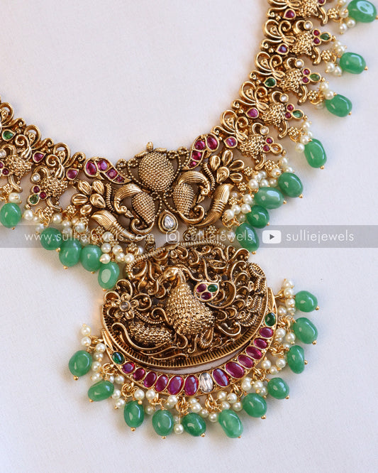 No Idol Premium Peacock Antique Long Chain / Haaram with Jhumka - Mint Beads