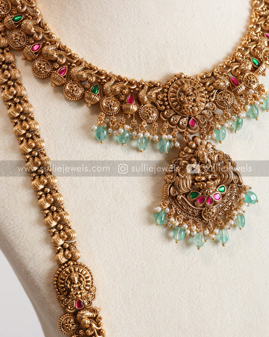 Lakshmi Detailed Copper Gold Bridal Combo - Mint Beads ( 3 piece )