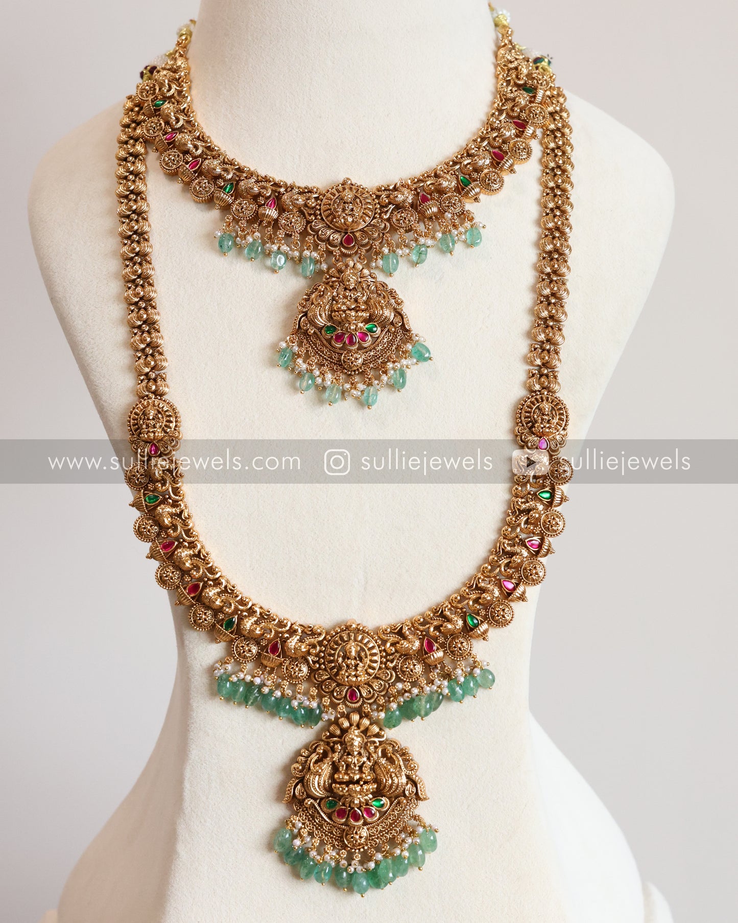 Lakshmi Detailed Copper Gold Bridal Combo - Mint Beads ( 3 piece )