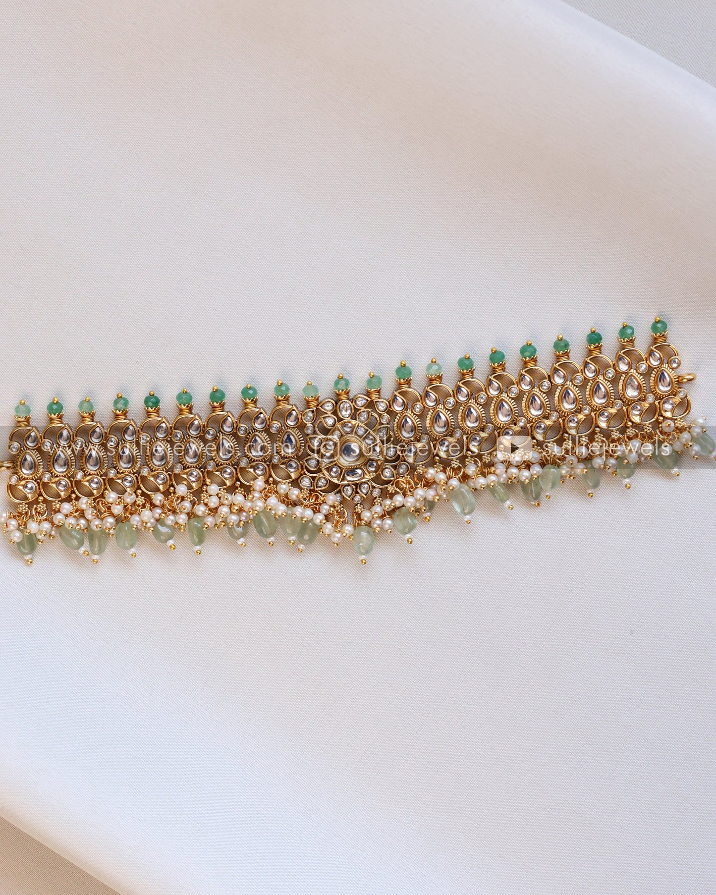 White Stone Mint Beads Choker with Earring