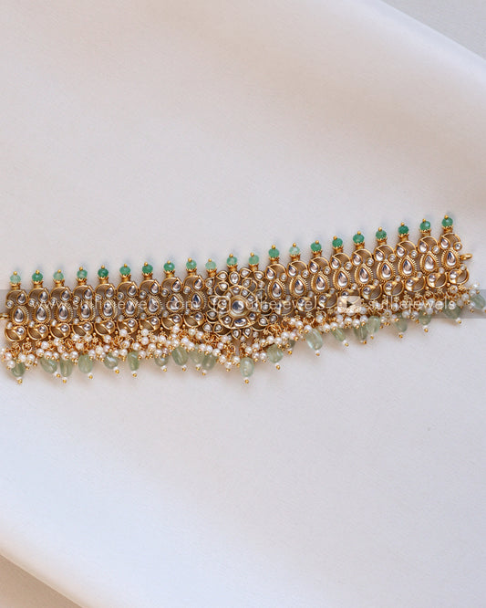 White Stone Mint Beads Choker with Earring