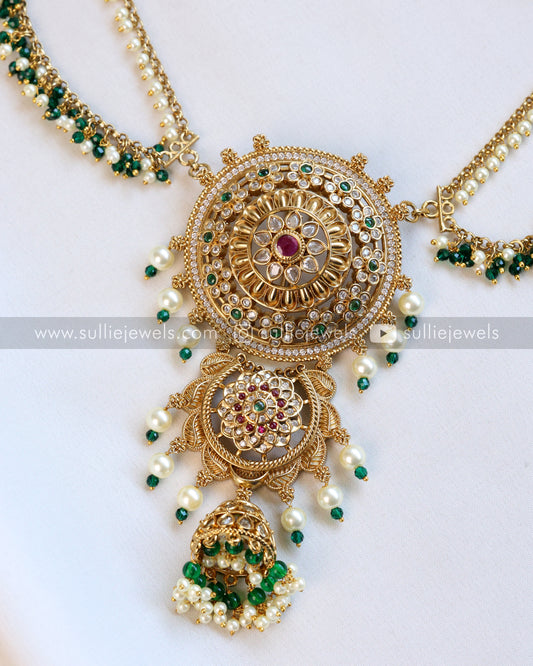 Premium AD Brooch with 2 layer Green & Pearl Chain