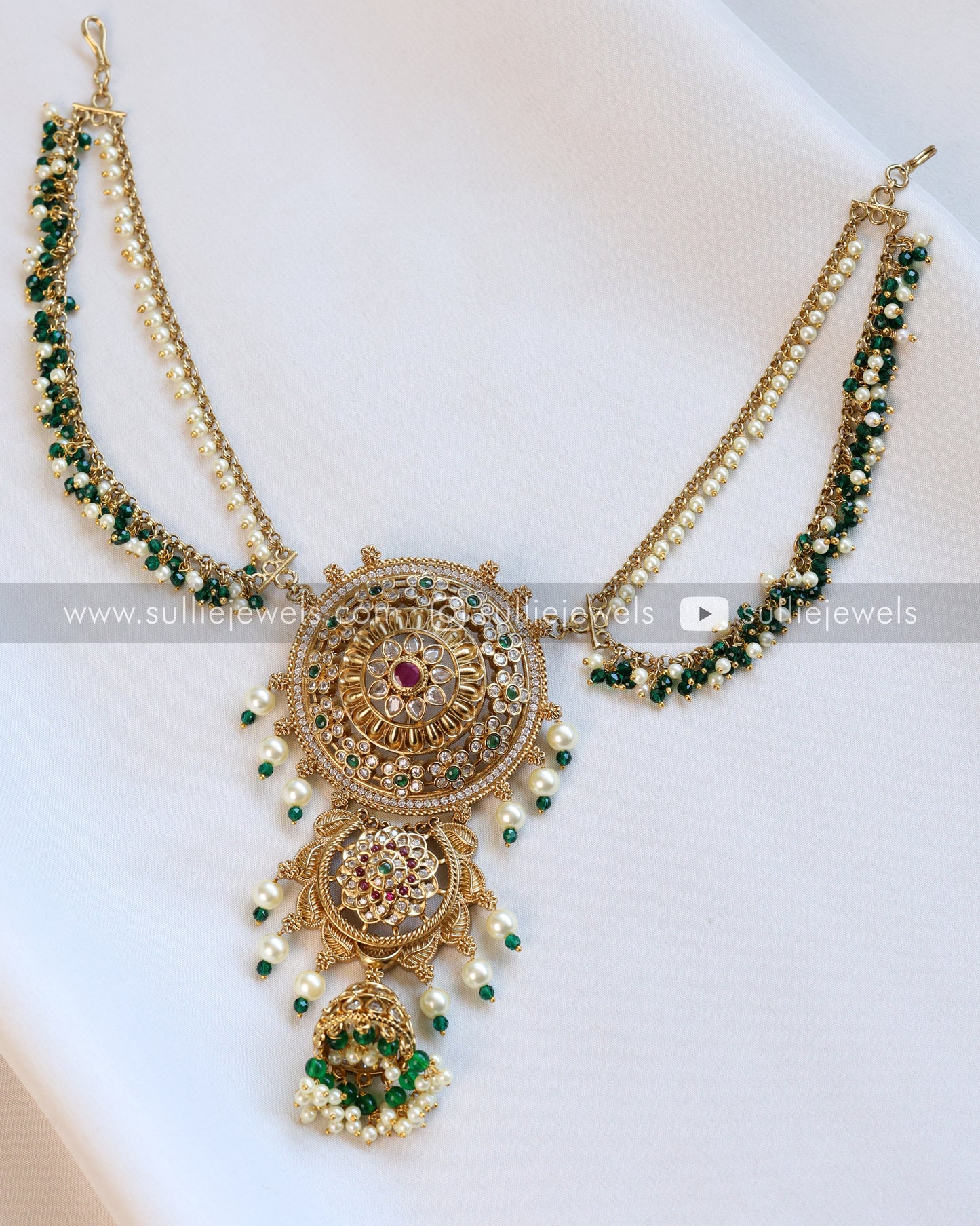 Premium AD Brooch with 2 layer Green & Pearl Chain