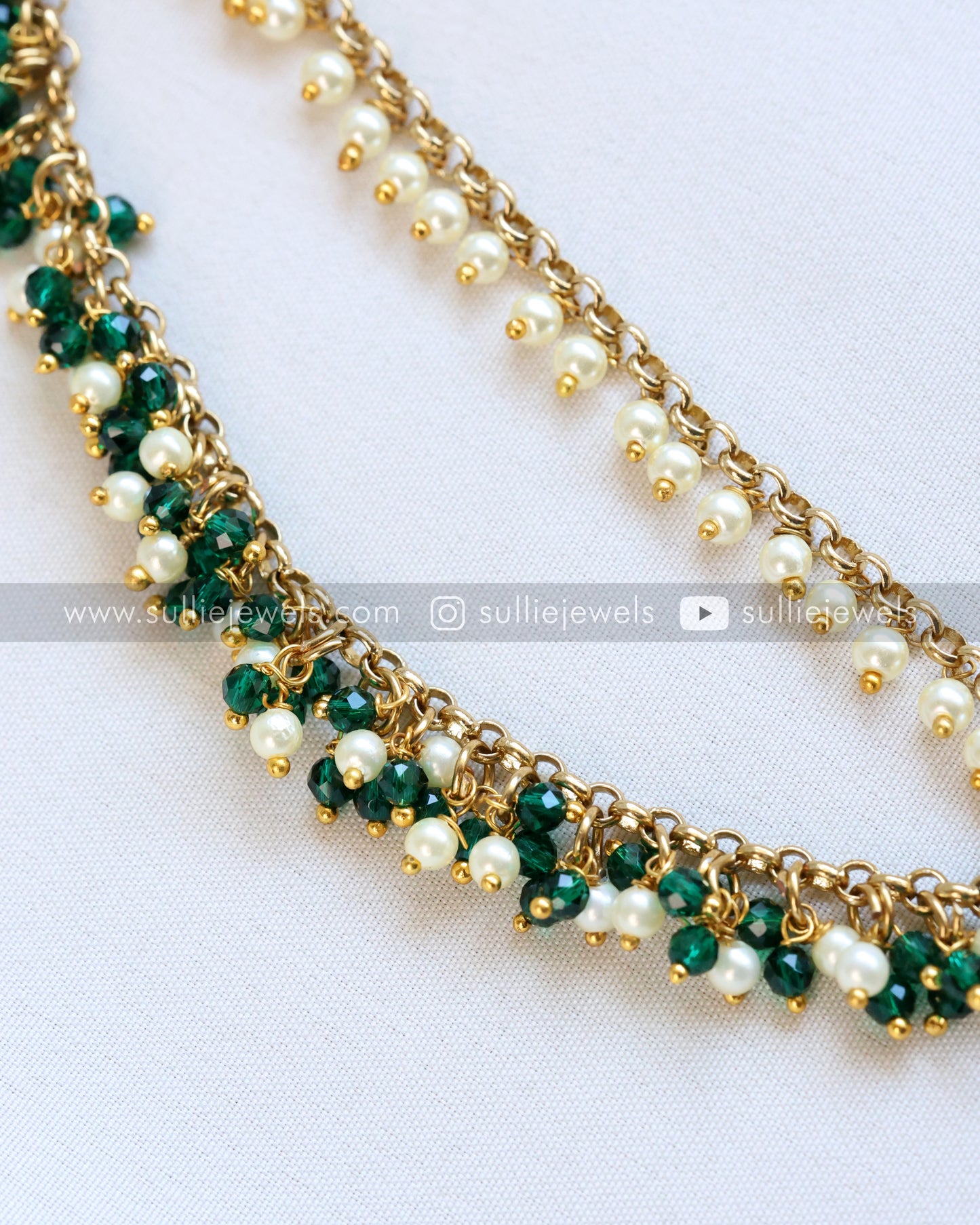Premium AD Brooch with 2 layer Green & Pearl Chain