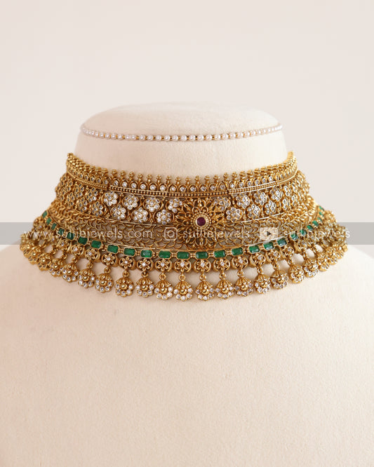 Floral Green Gold No Idol Choker with Earring