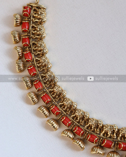 Elephant & Coral Stone Necklace with Stud