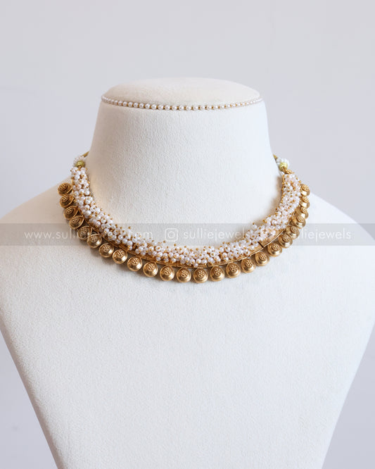 3733 - Pearl Cluster Rain Drop Gold Necklace with Stud
