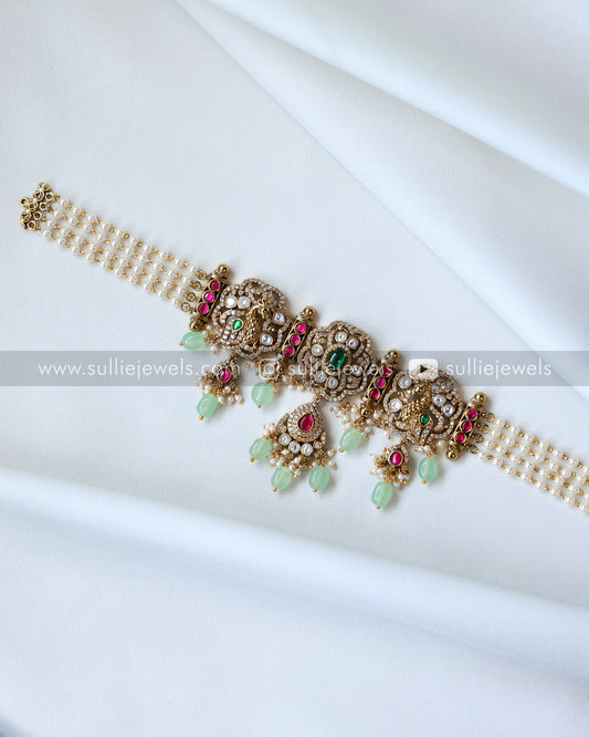 Jadau Kemp Peacock Victorian Choker with Earrings