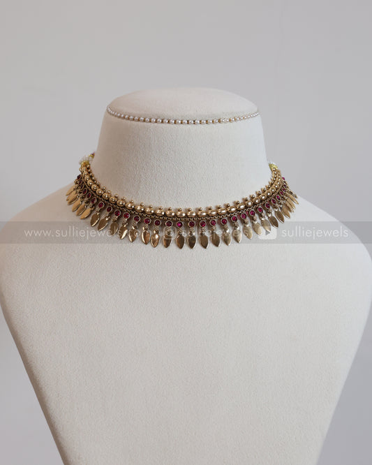 2162 - Sullie Basic Ruby Stone Tube Bead Elakkathali Necklace with Stud