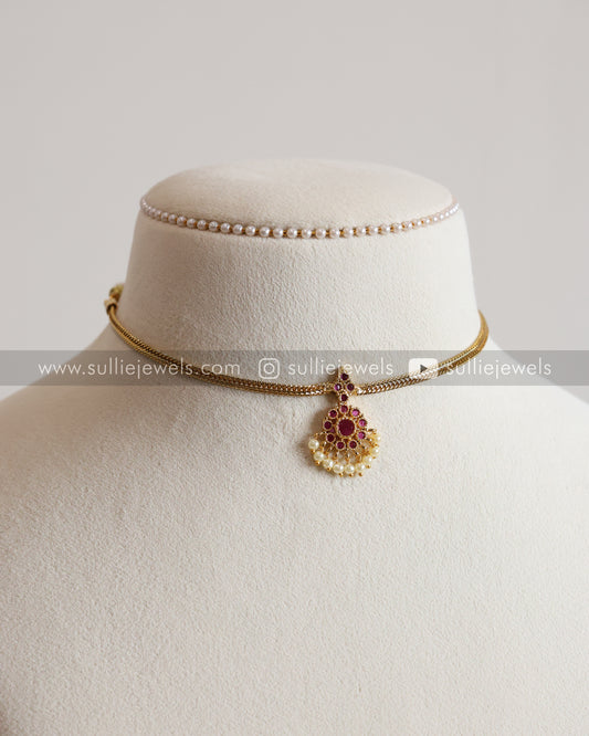 Traditional Attigai Pink Stone Choker with Earring