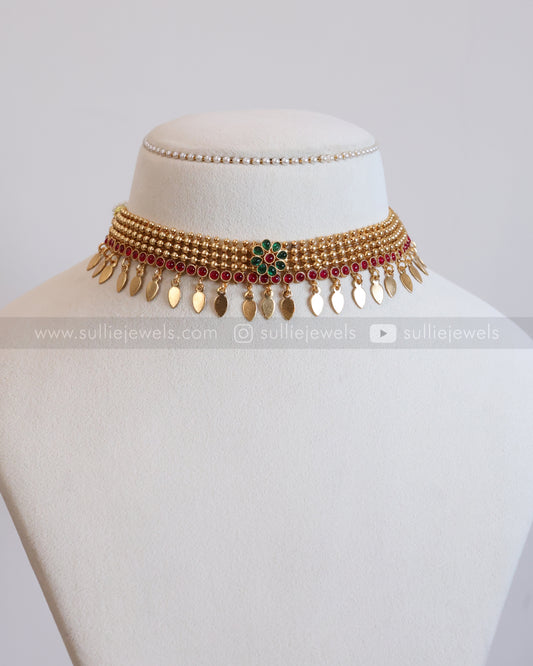 2172 - Sullie Basic Green Flower Gold Beaded Elakkathali Choker with Stud