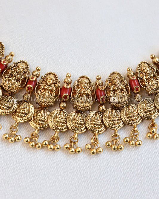 Lakshmi Coral Stone Premium Coin Necklace with Stud