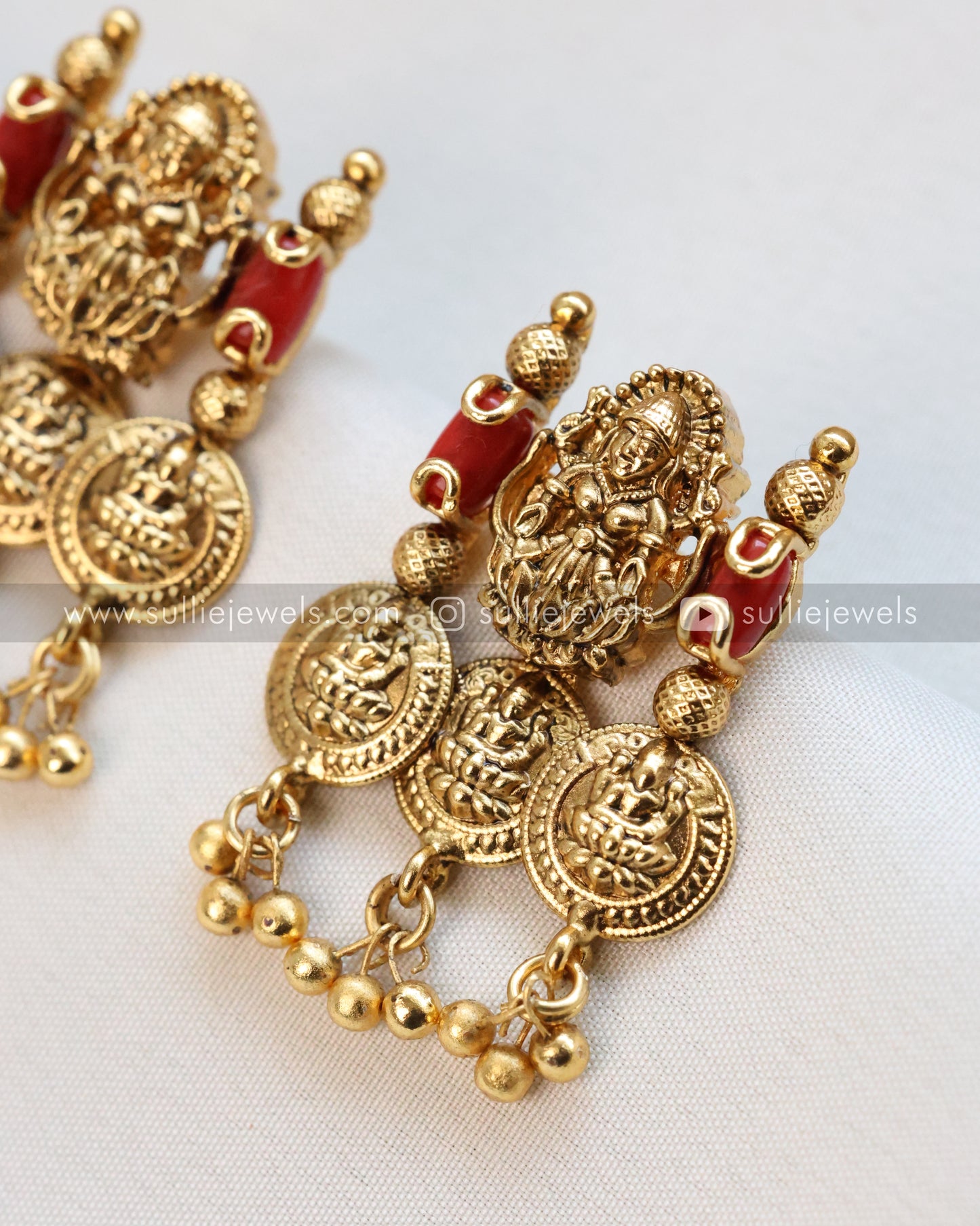 Lakshmi Coral Stone Premium Coin Long Chain/Haaram with Stud