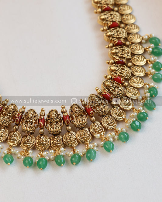 Lakshmi Coral Stone Premium Coin Long Chain/Haaram with Stud - Mint Beads