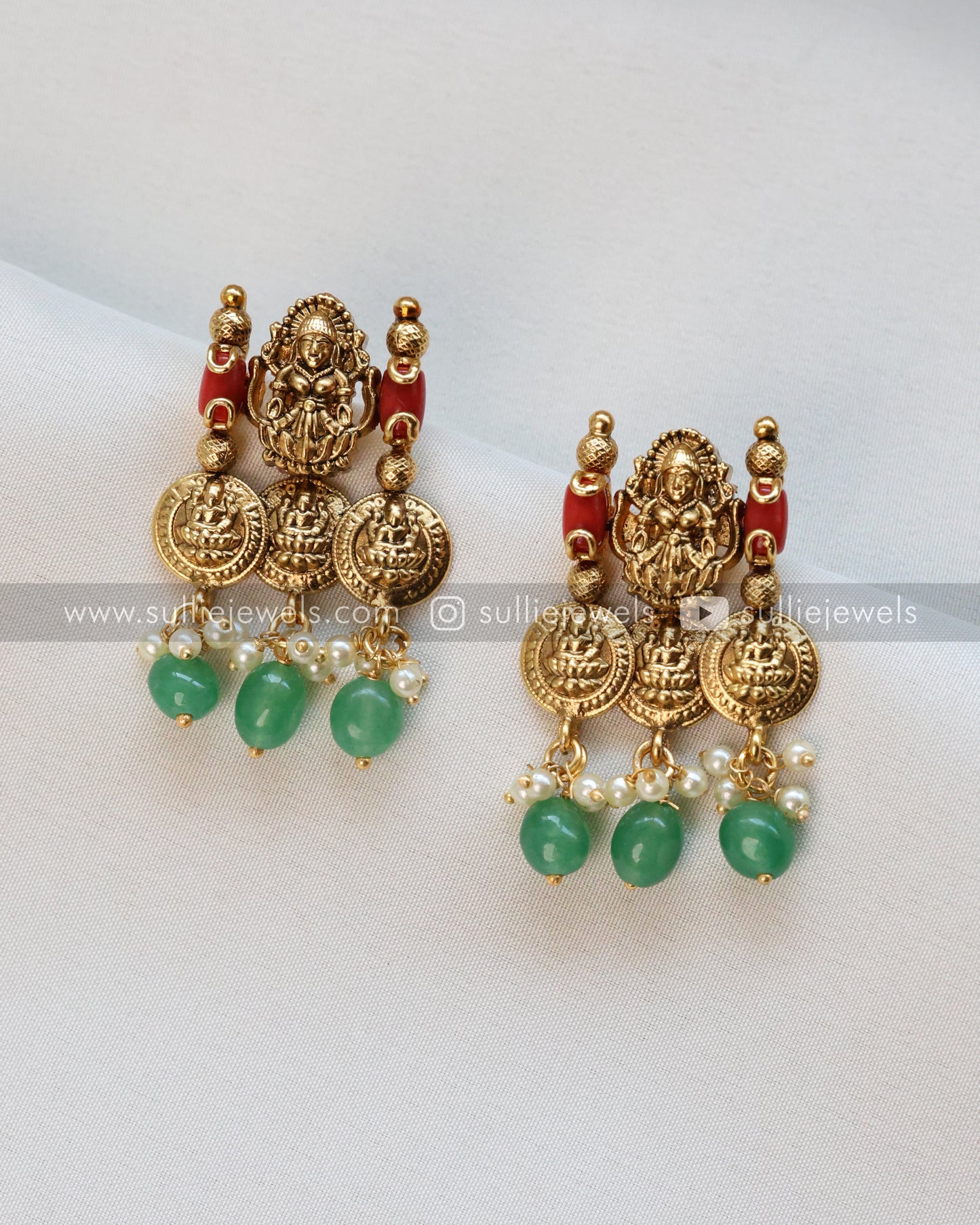 Lakshmi Coral Stone Premium Coin Long Chain/Haaram with Stud - Mint Beads