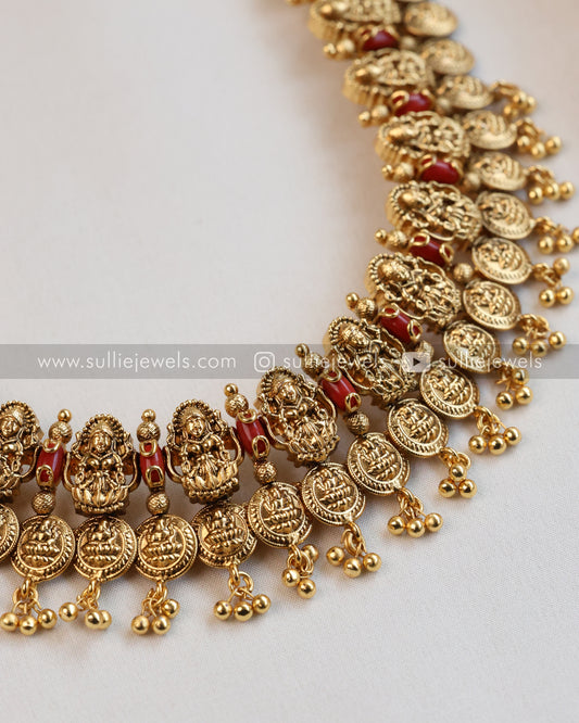 Lakshmi Coral Stone Premium Coin Long Chain/Haaram with Stud