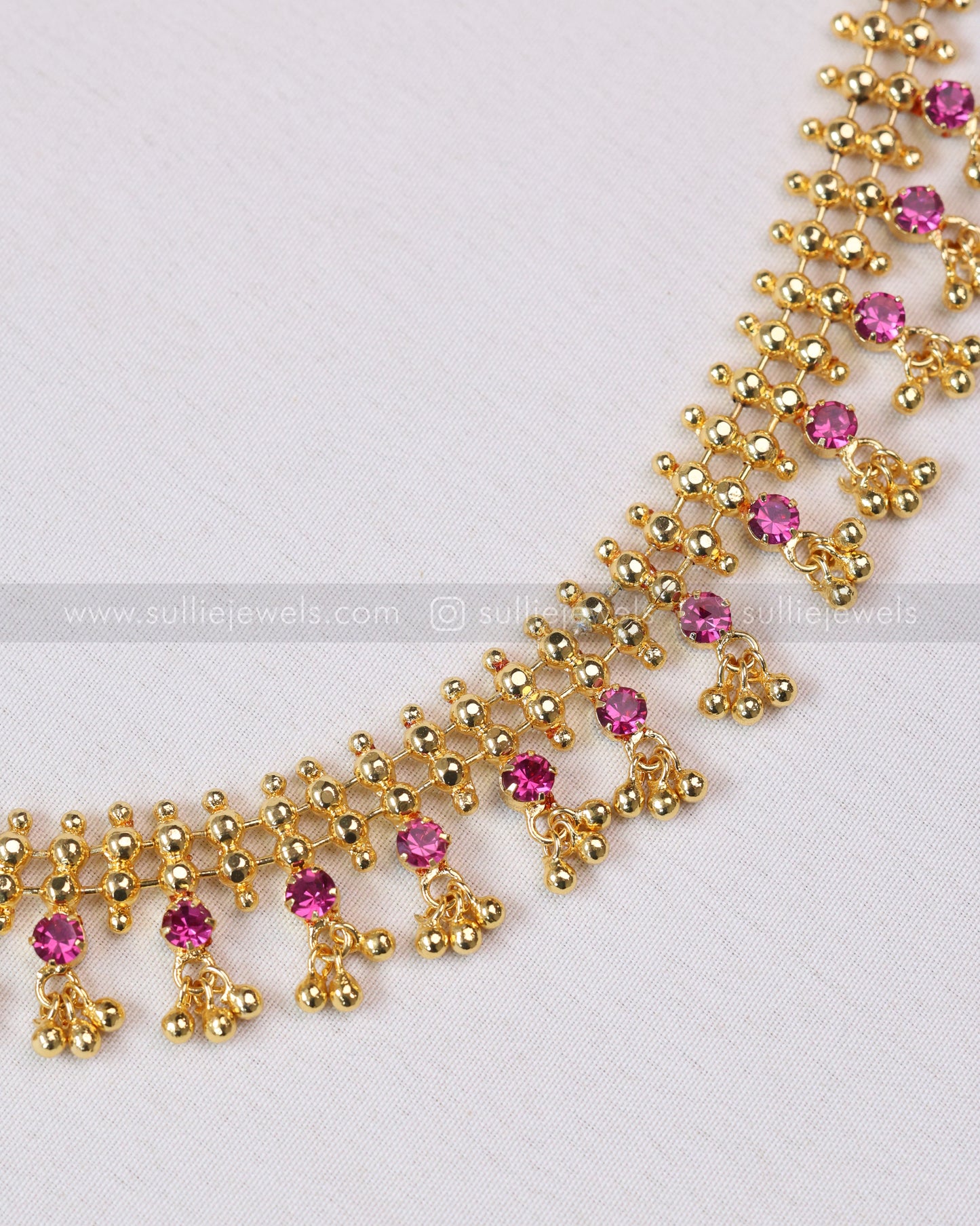 3738 - Ball Chain Gold Plated Ruby Pink Stone Necklace