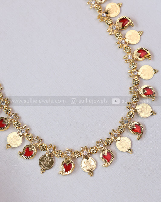 7175 - Ruby Gold Plated Mango Kaashumaala / Coin Long Chain