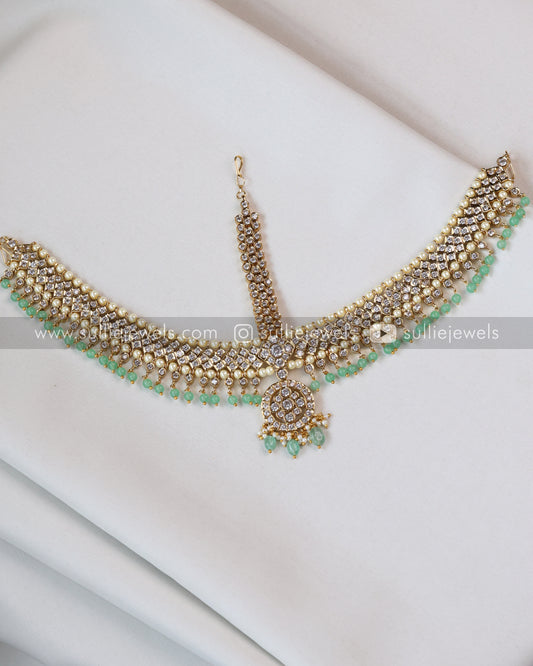 Premium Kundan White Stone Damini Tikka ( Three sided tikka ) with Mint Beads